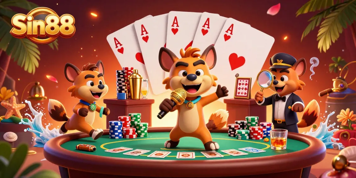 Engage with Sin88's vibrant comedy casino scene featuring hyena characters enjoying games and laughter.
